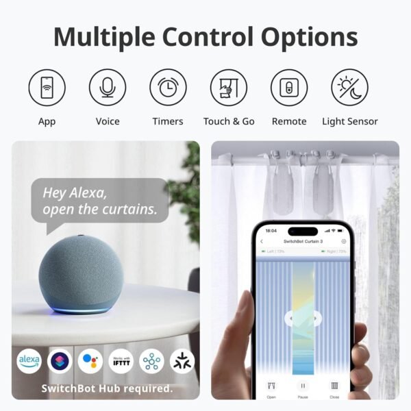 SwitchBot Smart Automatic Curtain Opener 2 Pack with Hub 2 - WiFi Remote Control with App/Timer, Performance Upgrade, WiFi Thermometer Hygrometer, Support Matter, Work with Alexa, Google Home, HomeKit - Image 6