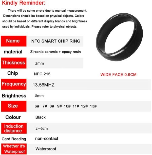 Waterproof Ceramic NFC Ring, NFC Forum Type 2 215 496 Bytes Chip Universal for Mobile Phone, All-Round Sensing Technology Wearable Smart Ring, Fasion Ring for Men or Women (12#, Black) - Image 5