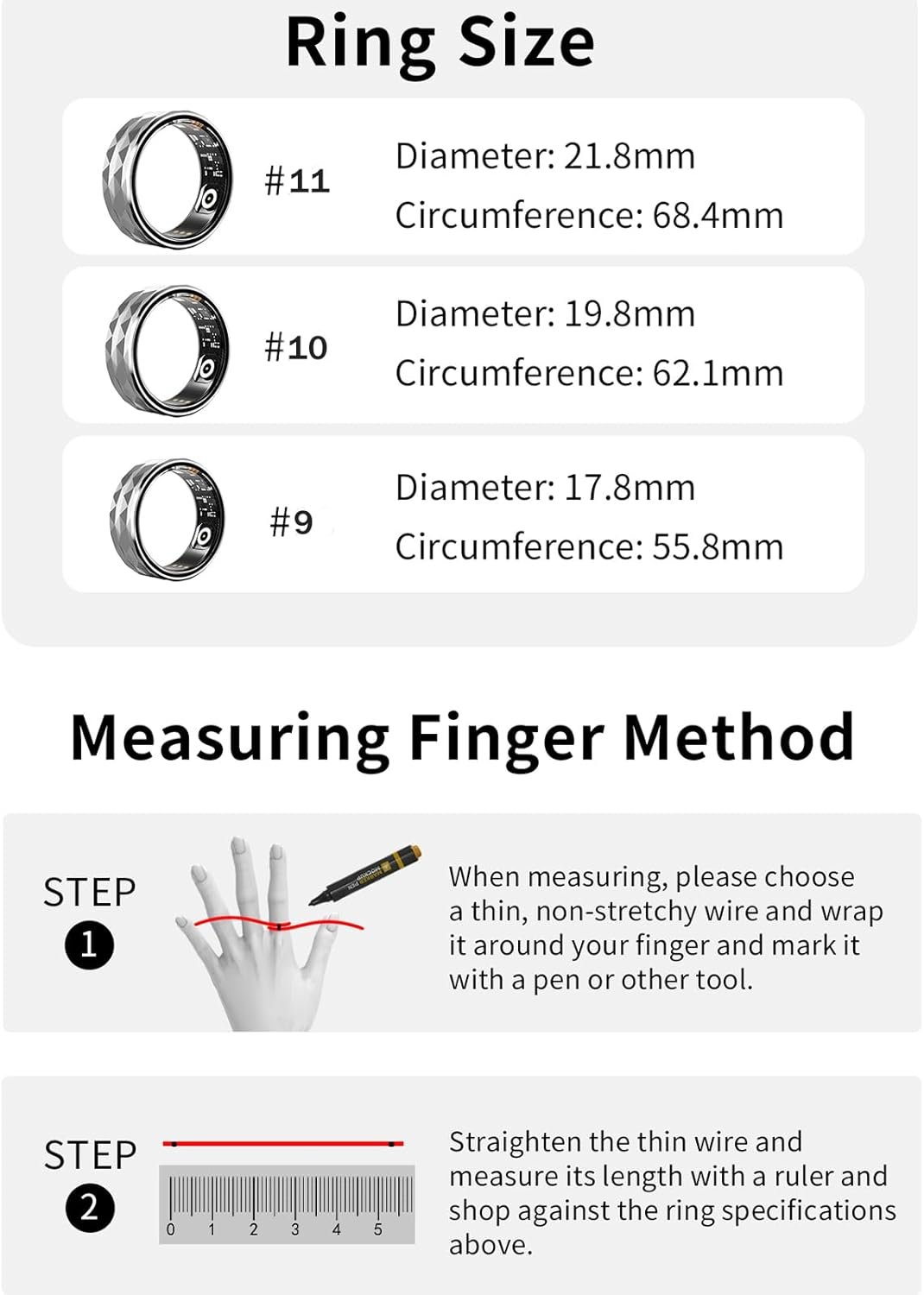 Smart Ring, Activity & Fitness Tracker Ring for Women/Men, No APP Subscription, Fitness Tracking Smart Ring with Calories/Heart Rate/Blood Oxygen/Sleep Monitoring, IP68 Waterproof-10#, Black - Image 9