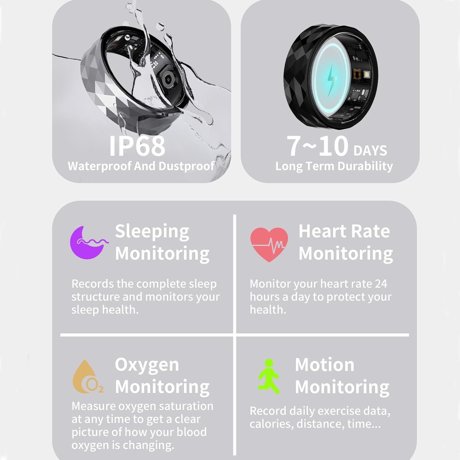 Smart Ring, Activity & Fitness Tracker Ring for Women/Men, No APP Subscription, Fitness Tracking Smart Ring with Calories/Heart Rate/Blood Oxygen/Sleep Monitoring, IP68 Waterproof-10#, Black - Image 6