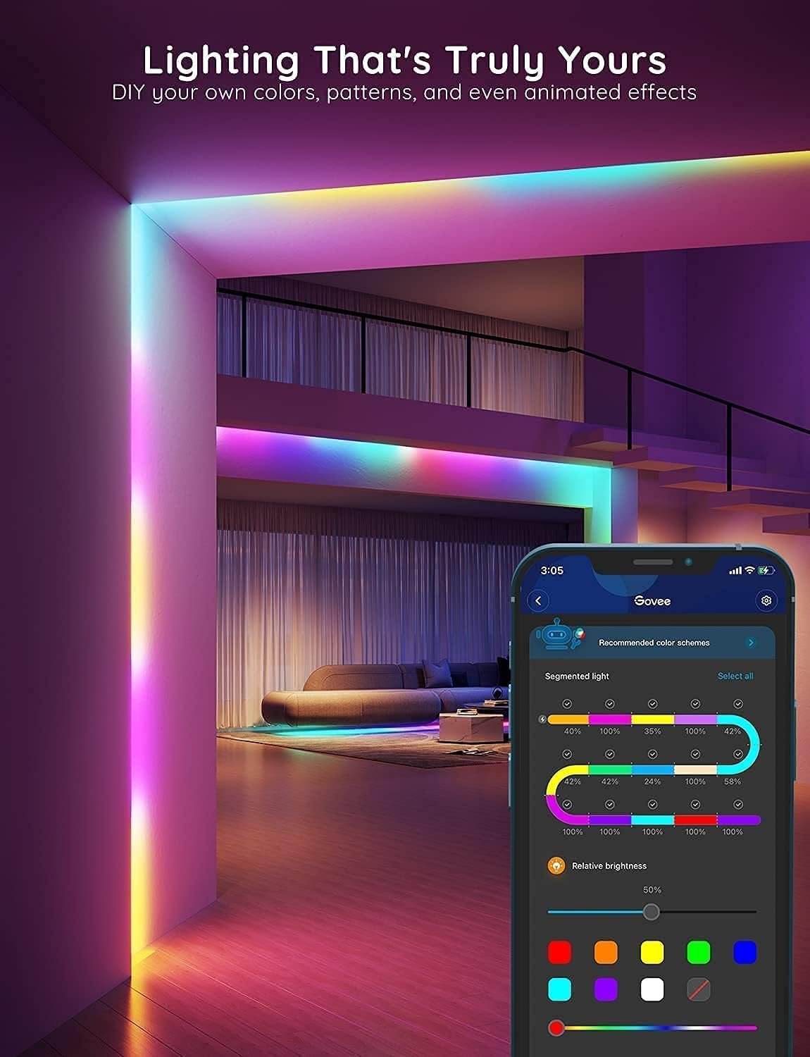 Govee RGBIC LED Strip Lights, 32.8ft Smart LED Lights for Bedroom, Bluetooth LED Lights APP Control, DIY Multiple Colors on One Line, Color Changing LED Strip Lighting Music Sync, Party Decor - Image 7