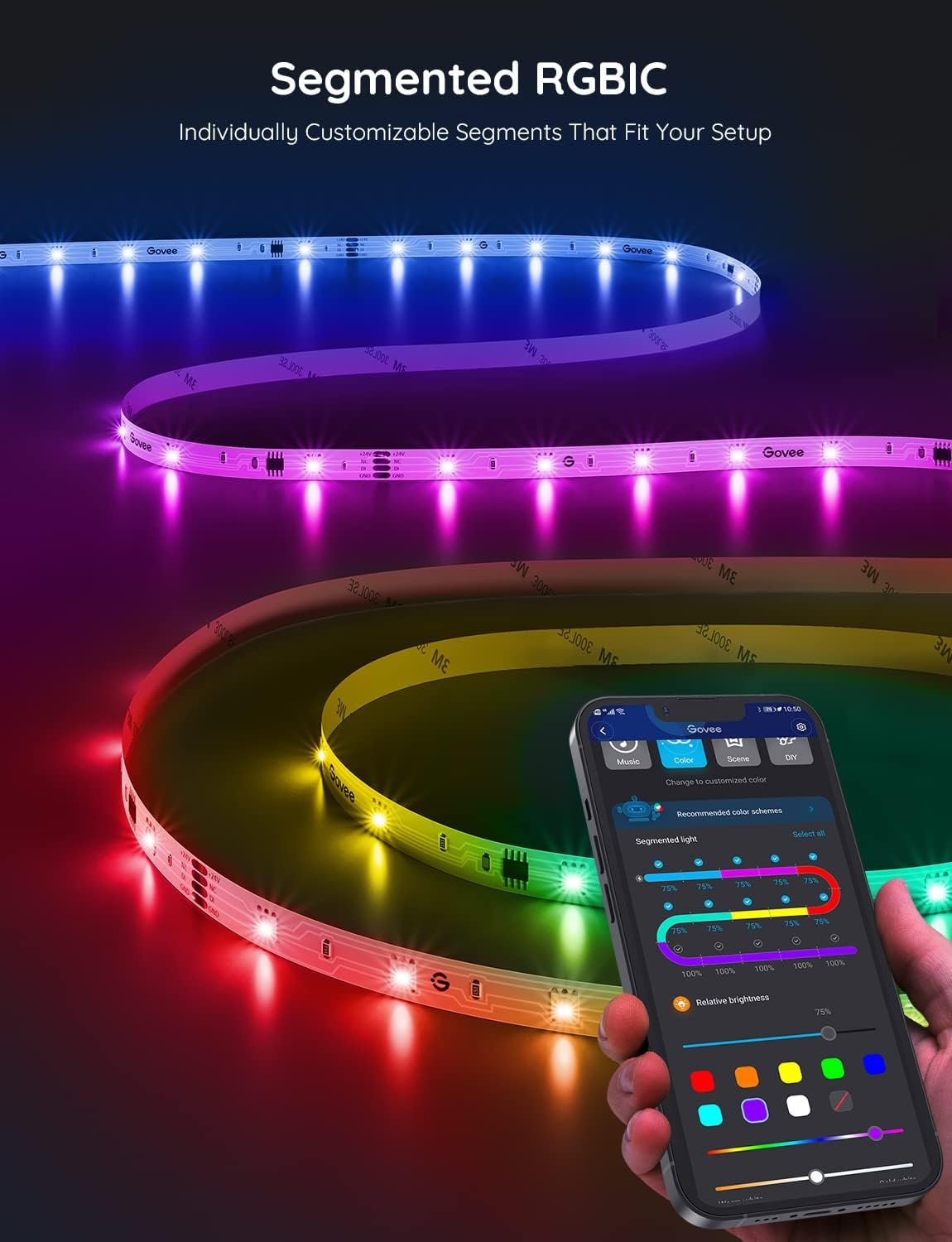 Govee RGBIC LED Strip Lights, 32.8ft Smart LED Lights for Bedroom, Bluetooth LED Lights APP Control, DIY Multiple Colors on One Line, Color Changing LED Strip Lighting Music Sync, Party Decor - Image 8