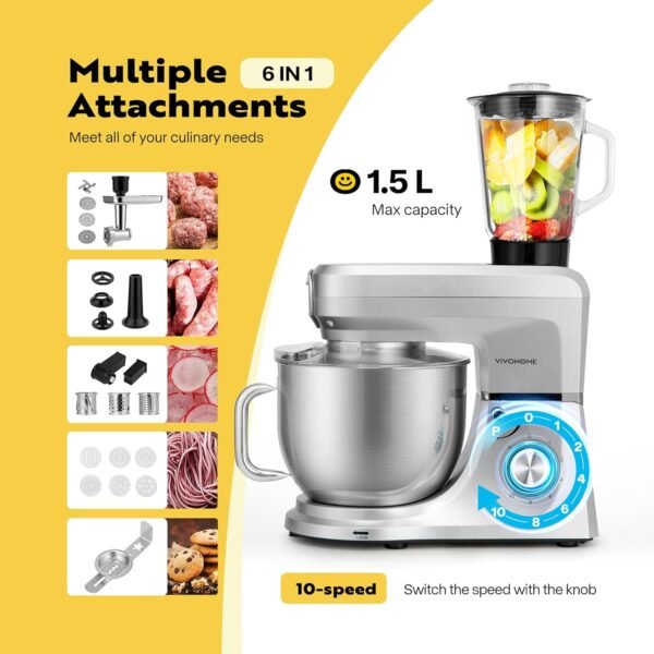 VIVOHOME 6 in 1 Multifunctional Stand Mixer with 8.5 Quart Stainless Steel Bowl, 660W 10 Speed Tilt-Head Meat Grinder, Juice Blender, Vegetable Slicer, Pasta and Cookie Maker, Silver - Image 4
