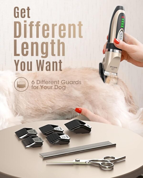 oneisall Dog Clippers Low Noise, 2-Speed Quiet Dog Grooming Kit Rechargeable Cordless Pet Hair Clipper Trimmer Shaver for Small and Large Dogs Cats Animals (Gold) - Image 8
