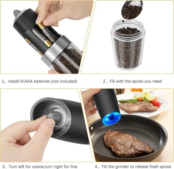 Electric Salt and Pepper Grinder Set, Automatic Gravity Salt and Pepper Mill with Adjustable Coarseness, Salt and Pepper Shakers Battery Powered with LED Light, One Hand Operation - Image 4