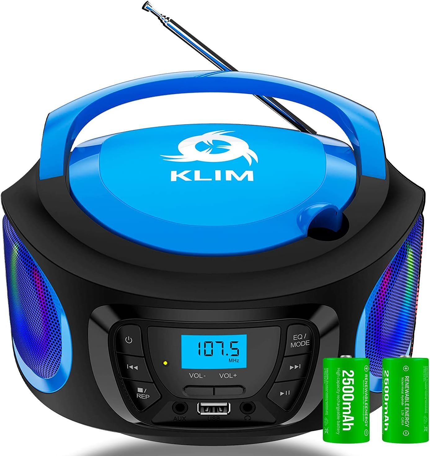 KLIM Boombox Portable Audio System - New Version 2024 - FM Radio CD Player Bluetooth MP3 USB AUX - Includes Rechargeable Batteries - Wired & Wireless Modes - Compact and Sturdy - Blue - Image 2