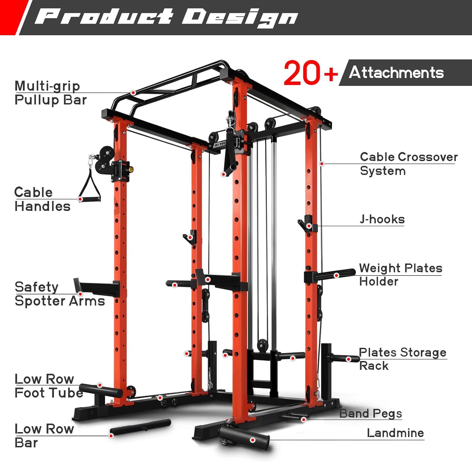RitFit Multi-Function Squat Rack Power Cage PPC03 with Cable Crossover System, 1000LBS Capacity Power Rack and Packages with Optional Weight Bench, Olympic Barbell Weight Set, for Garage & Home Gym - Image 6