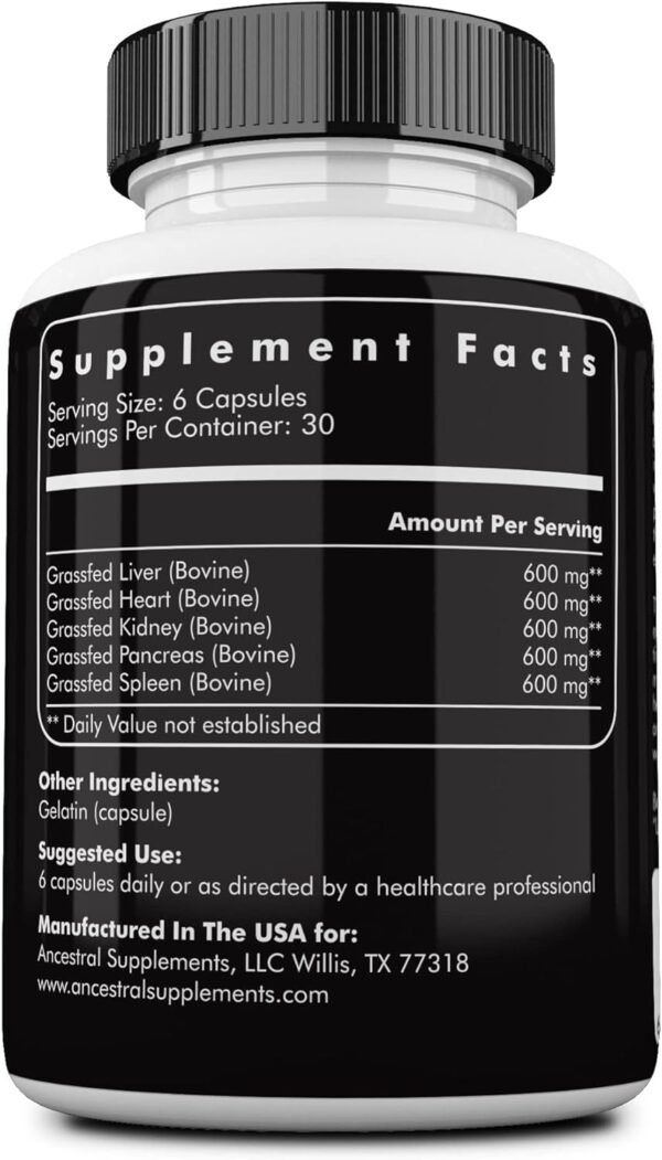 Ancestral Supplements Grass Fed Beef Organ Supplement, Supports Whole Body Wellness with Proprietary Blend of Liver, Heart, Kidney, Pancreas, Spleen, Freeze-Dried Beef, Non-GMO, 180 Capsules - Image 3