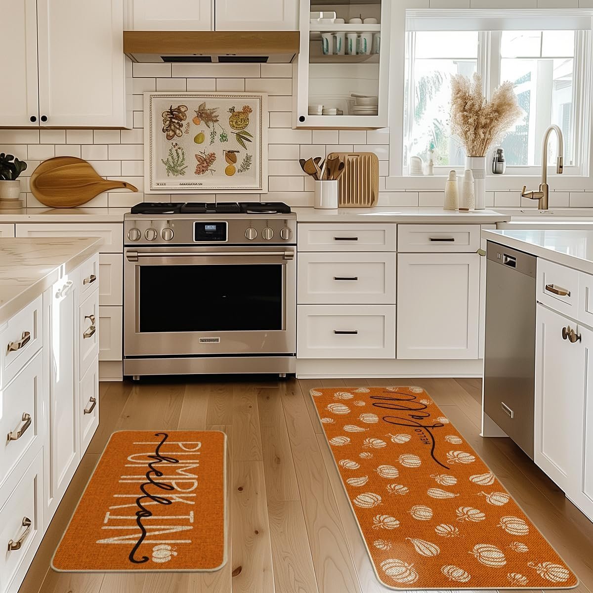 Artoid Mode Orange Hello Pumpkin Fall Kitchen Mats Set of 2, Autumn Home Decor Low-Profile Kitchen Rugs for Floor - 17x29 and 17x47 Inch - Image 3