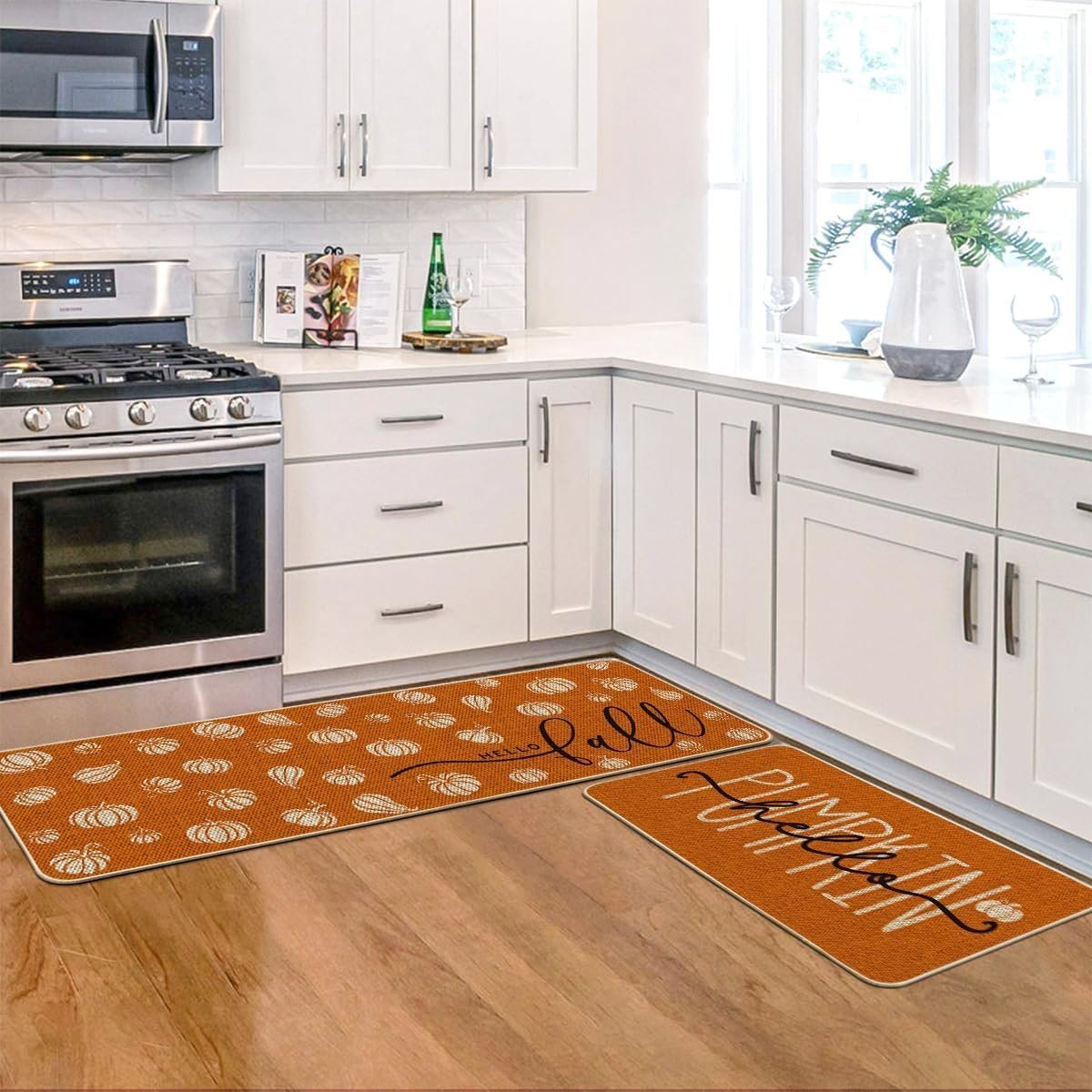Artoid Mode Orange Hello Pumpkin Fall Kitchen Mats Set of 2, Autumn Home Decor Low-Profile Kitchen Rugs for Floor - 17x29 and 17x47 Inch - Image 5