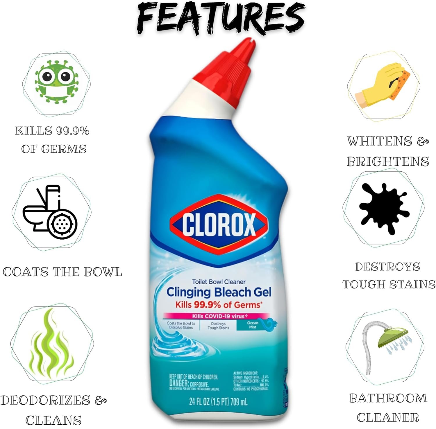 Microfiber Towel & Scrub Sponge Bundle with Clorox-Toilet Bowl Cleaner Clinging Gel with Bleach, Ocean Mist Scent, 24oz | 3 Pack - Image 3