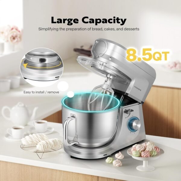 VIVOHOME 6 in 1 Multifunctional Stand Mixer with 8.5 Quart Stainless Steel Bowl, 660W 10 Speed Tilt-Head Meat Grinder, Juice Blender, Vegetable Slicer, Pasta and Cookie Maker, Silver - Image 6