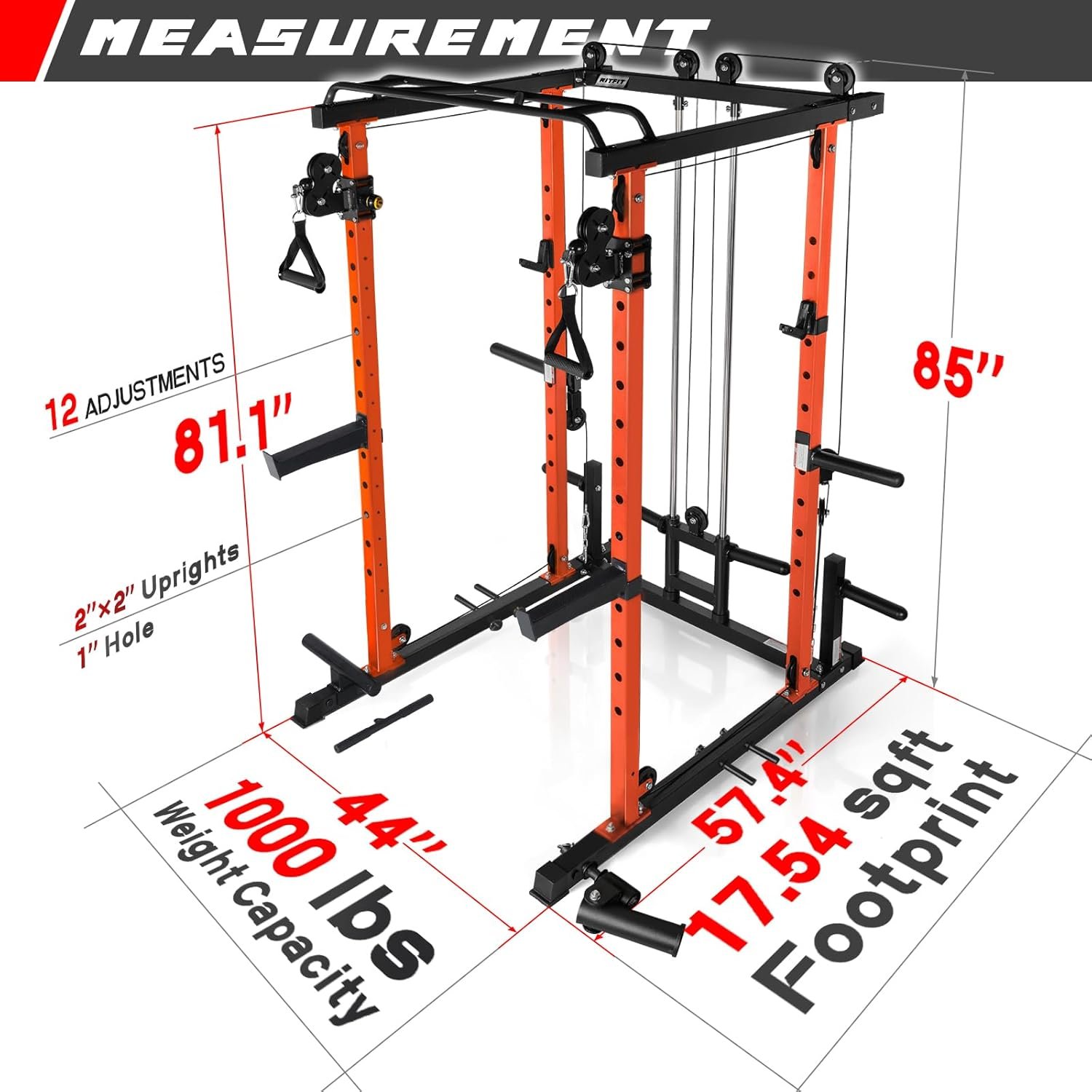 RitFit Multi-Function Squat Rack Power Cage PPC03 with Cable Crossover System, 1000LBS Capacity Power Rack and Packages with Optional Weight Bench, Olympic Barbell Weight Set, for Garage & Home Gym - Image 10