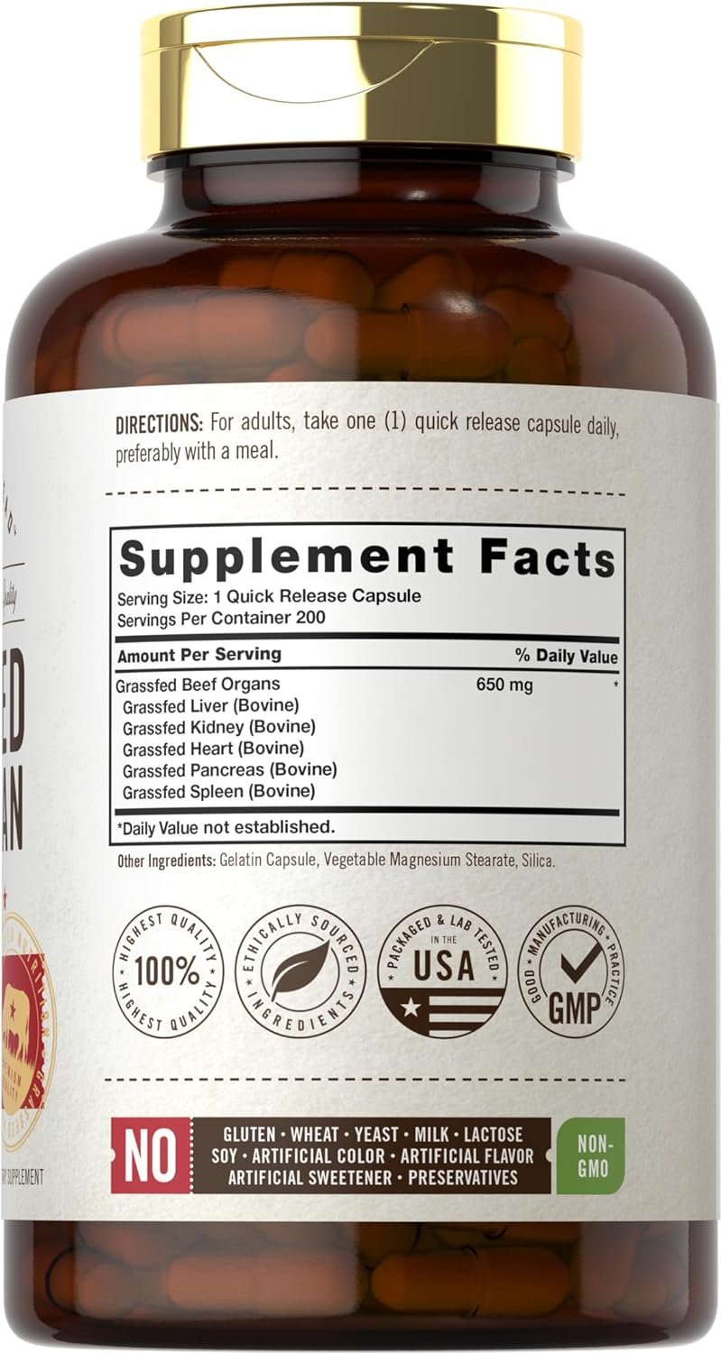 Carlyle Grass Fed Beef Organ Complex | 200 Capsules | Pasture Raised, Grain Free Supplement | with Desiccated Liver, Kidney, Pancreas, Heart, Spleen | Non-GMO, Gluten Free | by Herbage Farmstead - Image 3