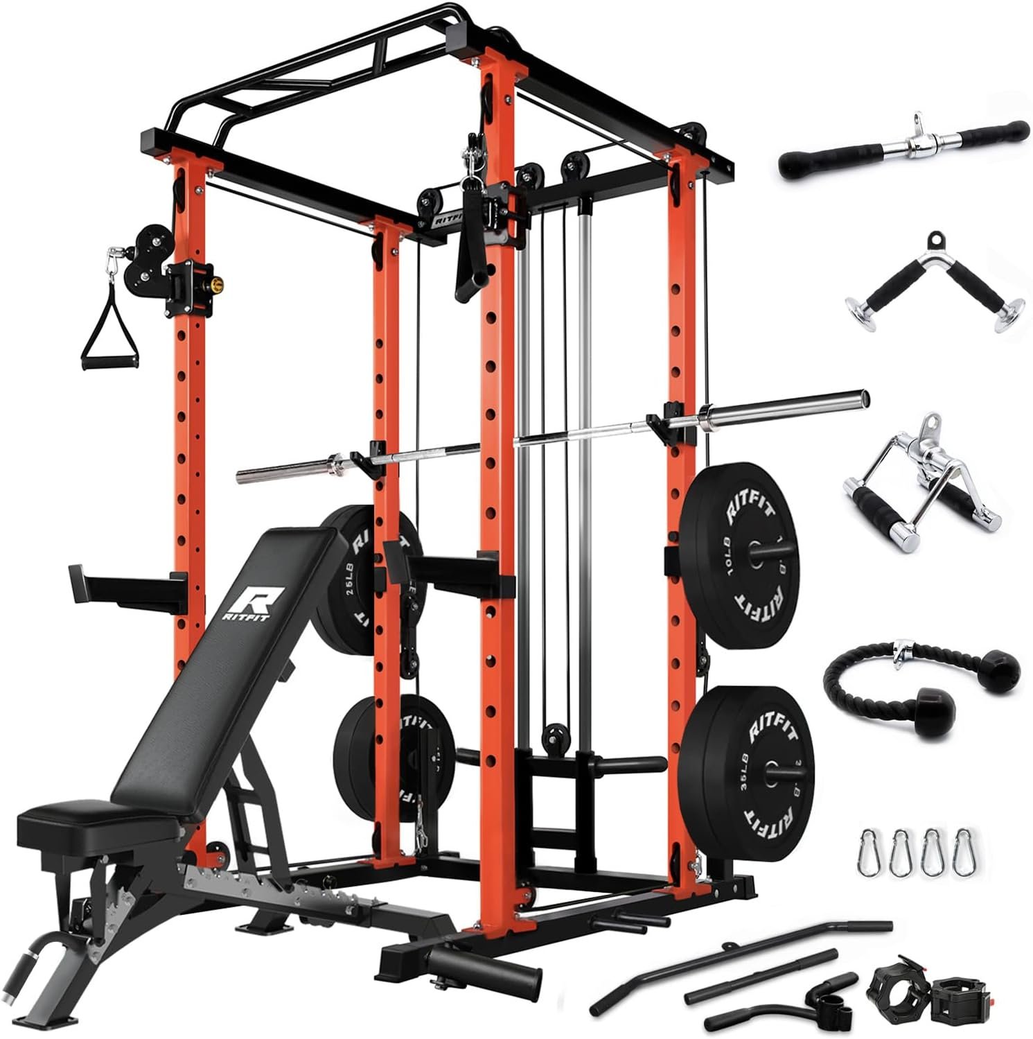 RitFit Multi-Function Squat Rack Power Cage PPC03 with Cable Crossover System, 1000LBS Capacity Power Rack and Packages with Optional Weight Bench, Olympic Barbell Weight Set, for Garage & Home Gym - Image 2