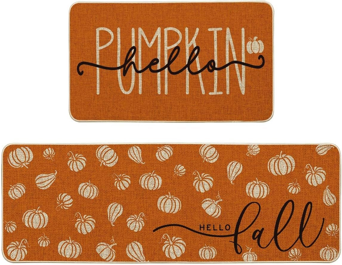 Artoid Mode Orange Hello Pumpkin Fall Kitchen Mats Set of 2, Autumn Home Decor Low-Profile Kitchen Rugs for Floor - 17x29 and 17x47 Inch - Image 2