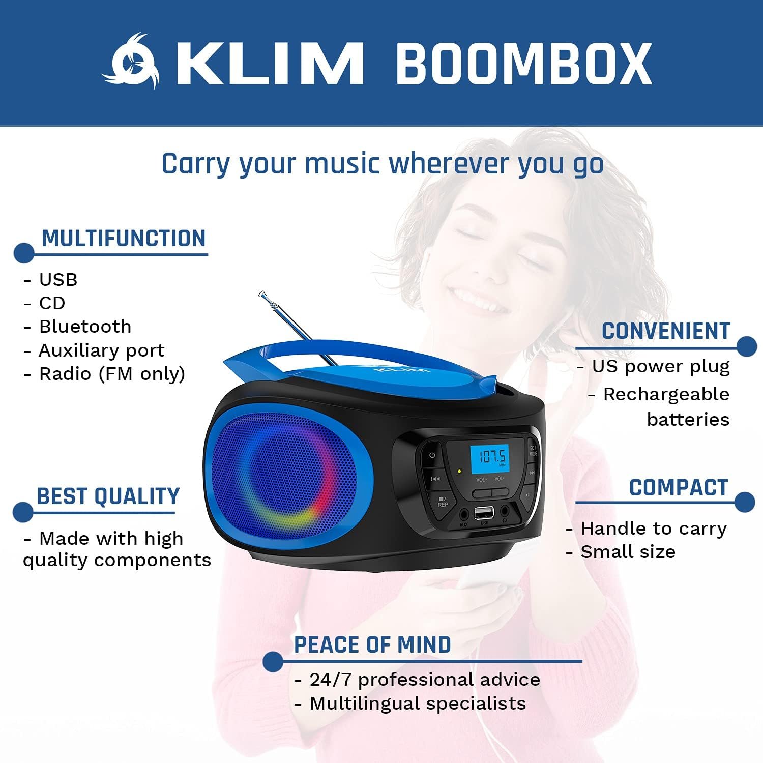 KLIM Boombox Portable Audio System - New Version 2024 - FM Radio CD Player Bluetooth MP3 USB AUX - Includes Rechargeable Batteries - Wired & Wireless Modes - Compact and Sturdy - Blue - Image 3