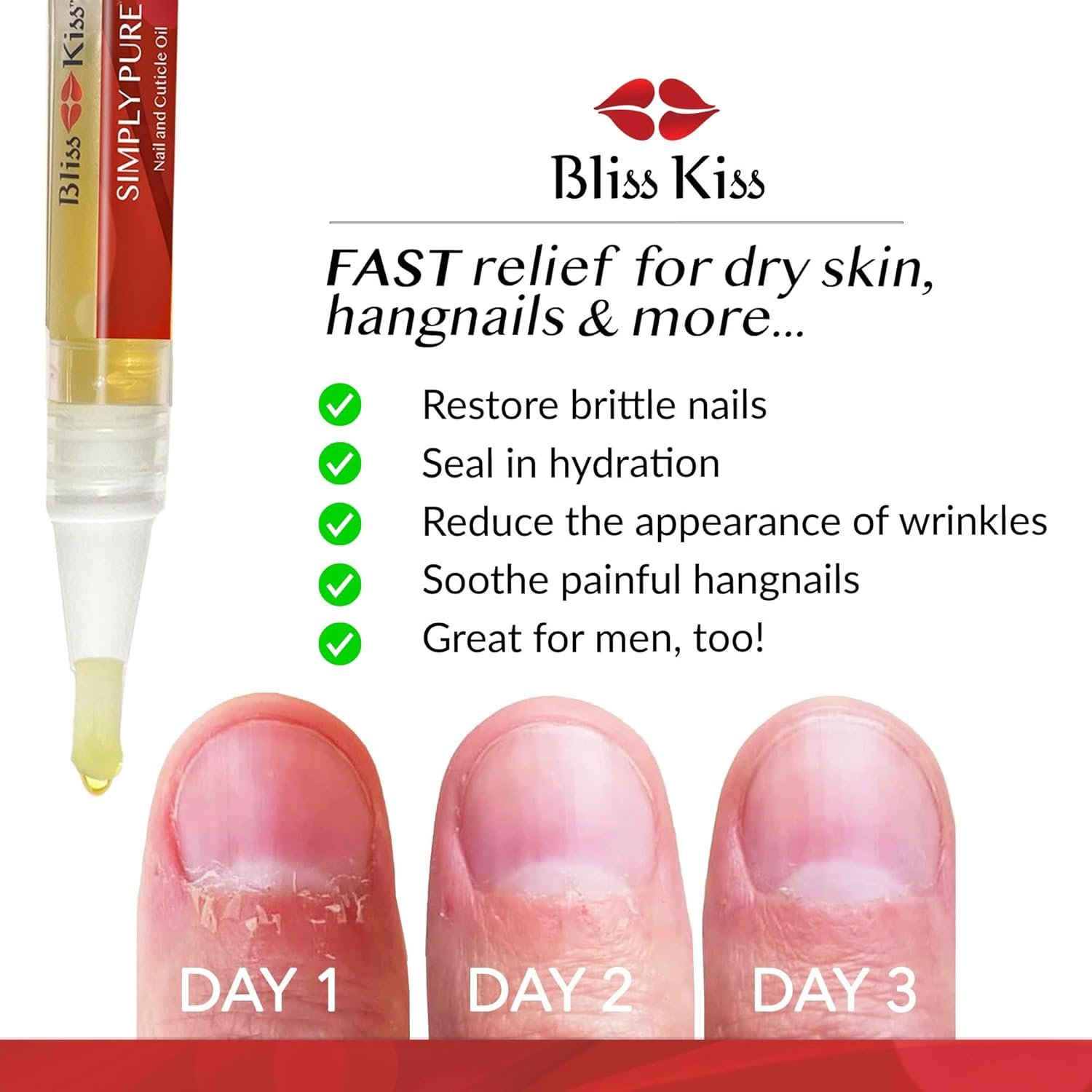 Bliss Kiss | 1 Fragrance Free | Nail Oil Cuticle Pen w/Vitamin E & Jojoba⏤Nail Strengthener Nail Growth Serum for Brittle Peeling Breaking Thin Nails - Image 3