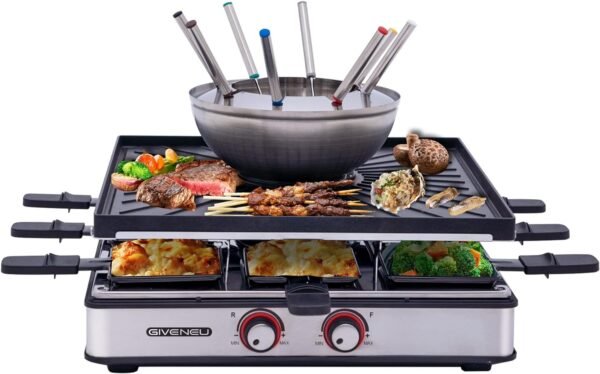 Electric Fondue Pot Set, 600ML Fondue Pot with Grill Plate, 8 Color-Coded Forks, 8 Non-Stick Pans, Dual Thermostat Fondue Grill Combo for Chocolate, Cheese, Grilling - Image 2