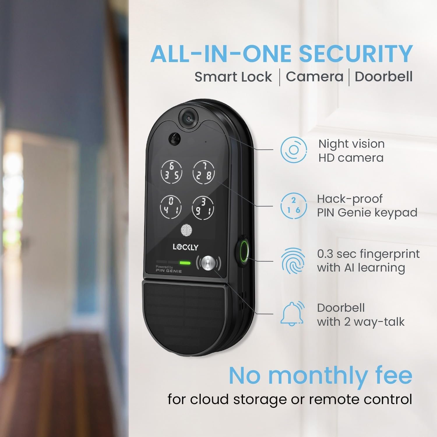 Lockly Vision Elite - WiFi Video Smart Lock with Night Vision Camera, Motion Sensor, Biometric Fingerprint, Voice Control, App Remote Control, Doorbell, Solar Panel, Digital Keypad, Matte Black - Image 3