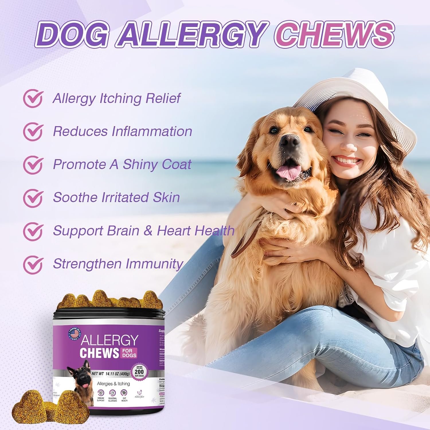 Dog Allergy Chews 200PCs - Dog Allergy and Itching Skin Relief Anti Itch Aller Immune Bites for Dogs Itching Itchy Paw Relief Itch Allergy Probiotics Support Chew Vitamins for Skin and Coat Allergies - Image 3