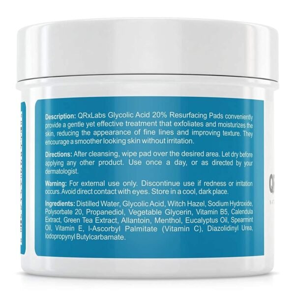 QRxLabs Glycolic Acid 20% Resurfacing Pads for Face & Body with Vitamins B5, C & E, Green Tea, Calendula, Allantoin - Exfoliates Surface Skin and Reduces Fine Lines and Wrinkles - Peel Pads - Image 3