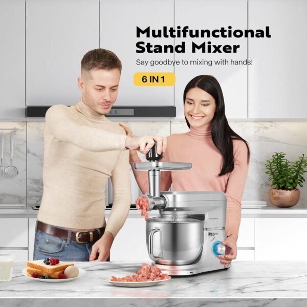 VIVOHOME 6 in 1 Multifunctional Stand Mixer with 8.5 Quart Stainless Steel Bowl, 660W 10 Speed Tilt-Head Meat Grinder, Juice Blender, Vegetable Slicer, Pasta and Cookie Maker, Silver - Image 3