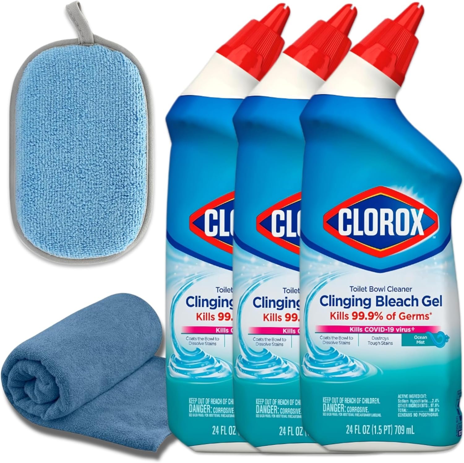 Microfiber Towel & Scrub Sponge Bundle with Clorox-Toilet Bowl Cleaner Clinging Gel with Bleach, Ocean Mist Scent, 24oz | 3 Pack - Image 2