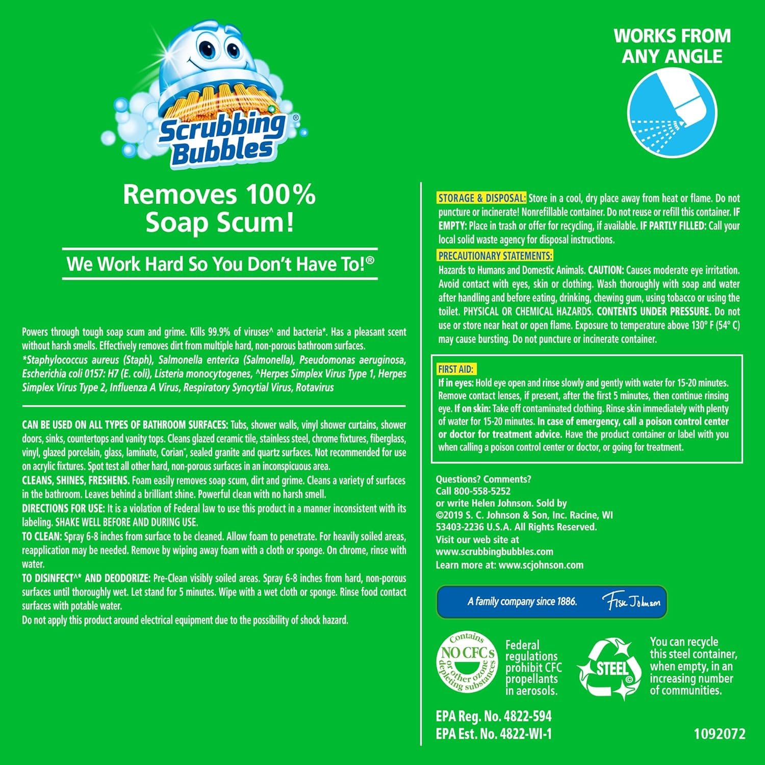 Scrubbing Bubbles Mega Shower Foamer Aerosol, Tough Foaming Bathroom, Tile, Bathtub and Disinfectant Shower Cleaner (1 Aerosol Spray), Rainshower Scent, 20 oz (Pack of 2) - Image 9