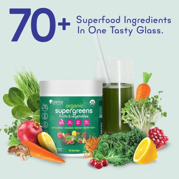 Zena Greens Organic SuperGreens Powder | 30 Day Tub | 70+ Superfood Ingredients | 3G Fiber | 0 Sugar | Fruits, Veggies, Herbs, Hydration, Antioxidants, Pre & Probiotics, & Digestive Blends - Image 4