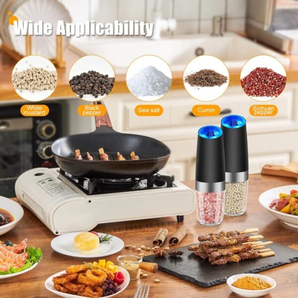 Electric Salt and Pepper Grinder Set, Automatic Gravity Salt and Pepper Mill with Adjustable Coarseness, Salt and Pepper Shakers Battery Powered with LED Light, One Hand Operation - Image 5