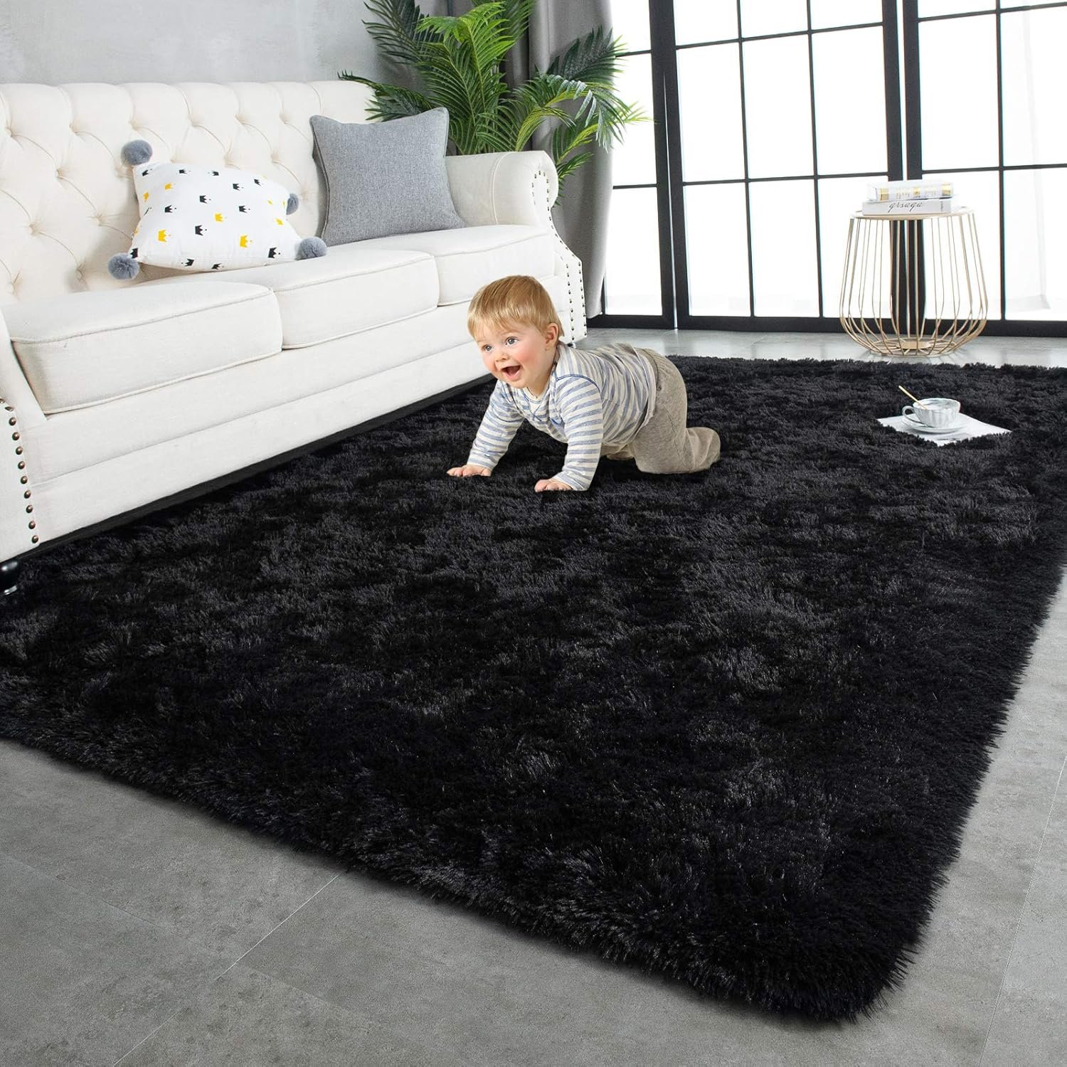 TWINNIS Super Soft Shaggy Rugs Fluffy Carpets, 4x5.9 Feet, Indoor Modern Plush Area Rugs for Living Room Bedroom Kids Room Nursery Home Decor, Upgrade Anti-skid Rectangular Fuzzy Rug, Black - Image 2