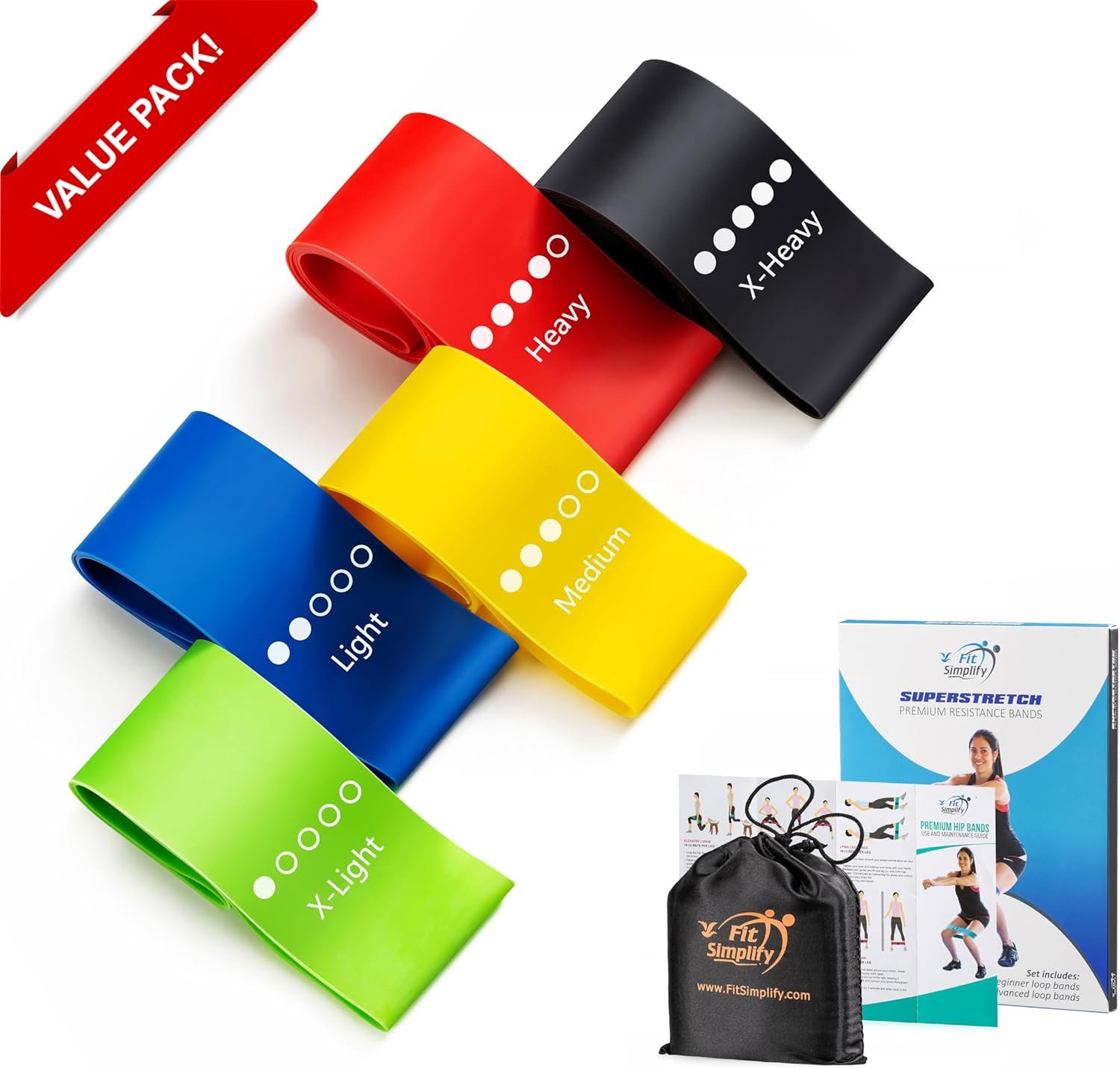 Fit Simplify Resistance Loop Exercise Bands with Instruction Guide and Carry Bag, Set of 5 - Image 4