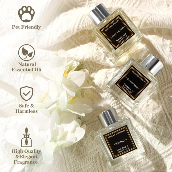 NEVAEHEART Reed Diffuser Set,Gardenia/Freesia/Jasmine & Mint Reed Diffuser Gifts for Women,1.7OZ x 3Packs Reed Diffuser with Sticks, Home Fragrance Reed Diffuser for Home Shelf Decor - Image 3