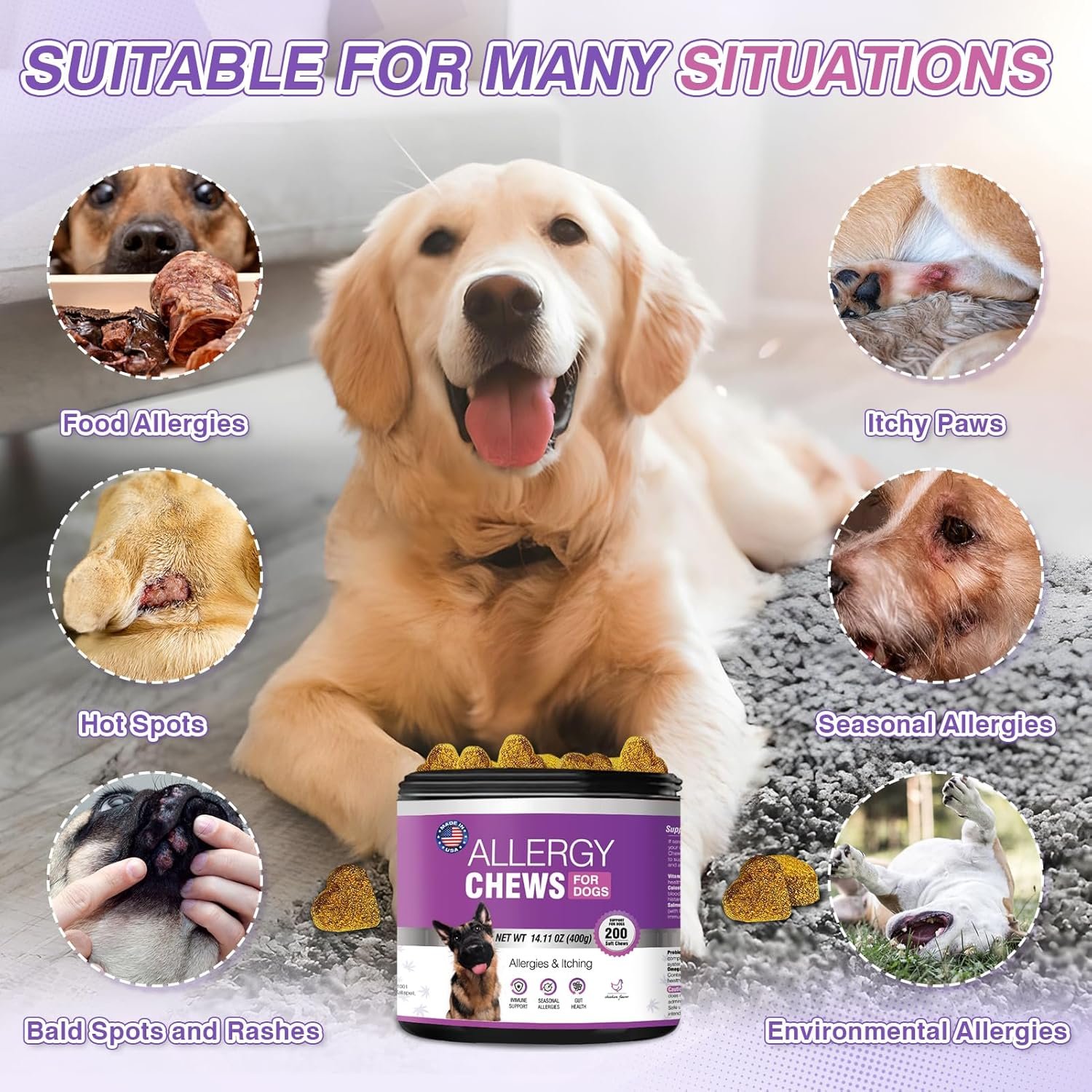 Dog Allergy Chews 200PCs - Dog Allergy and Itching Skin Relief Anti Itch Aller Immune Bites for Dogs Itching Itchy Paw Relief Itch Allergy Probiotics Support Chew Vitamins for Skin and Coat Allergies - Image 4