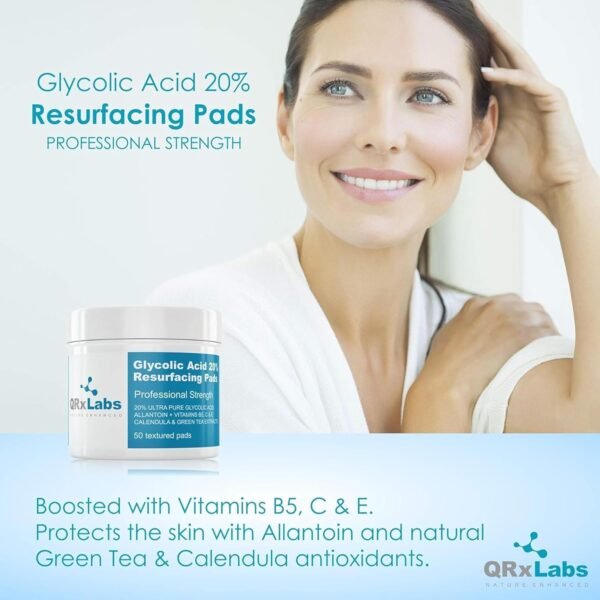 QRxLabs Glycolic Acid 20% Resurfacing Pads for Face & Body with Vitamins B5, C & E, Green Tea, Calendula, Allantoin - Exfoliates Surface Skin and Reduces Fine Lines and Wrinkles - Peel Pads - Image 5