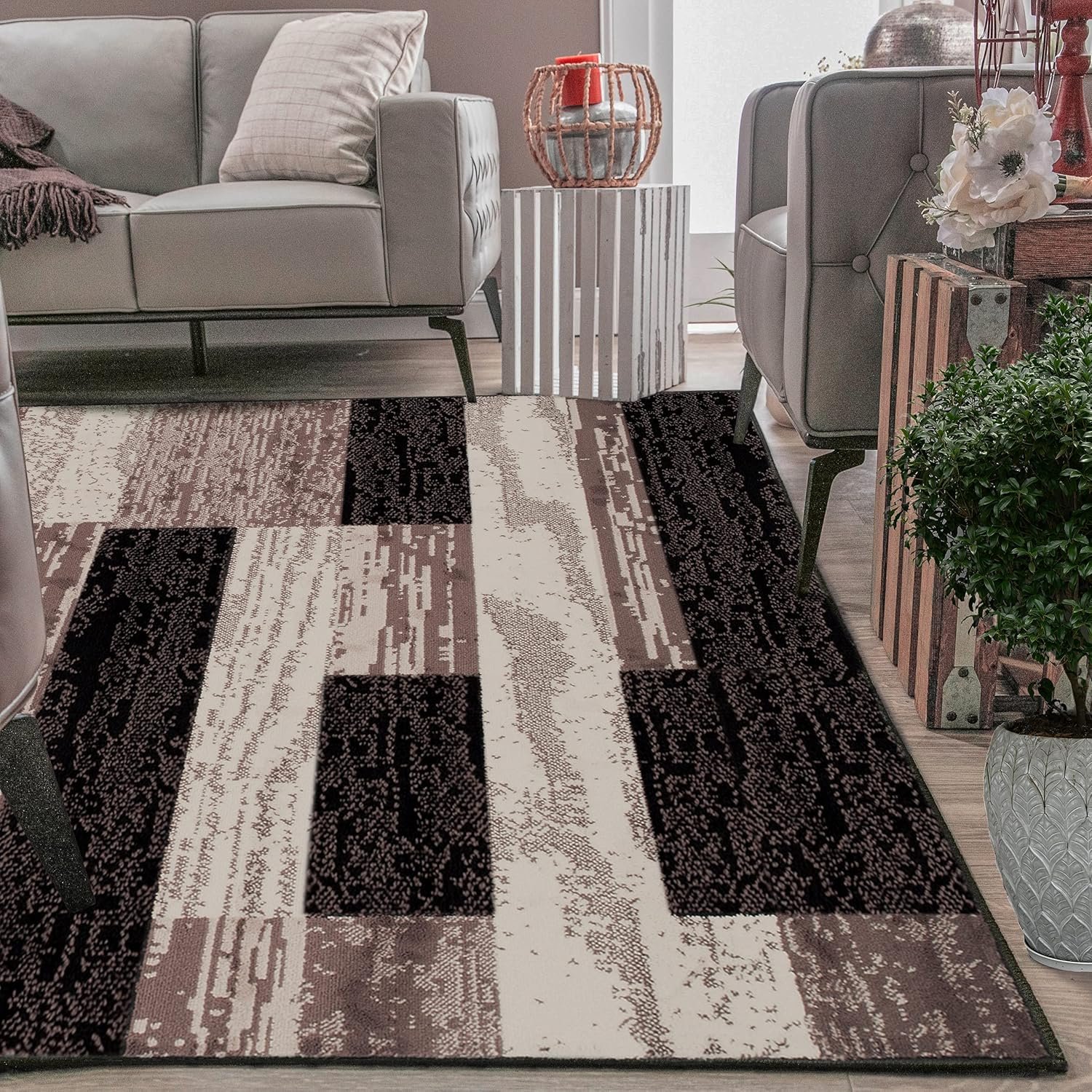 SUPERIOR Indoor Area Rug, Jute Backed, Modern Geometric Patchwork Floor Decor for Bedroom, Office, Living Room, Entryway, Hardwood Floors, Rockwood Collection, 4' x 6', Chocolate - Image 9