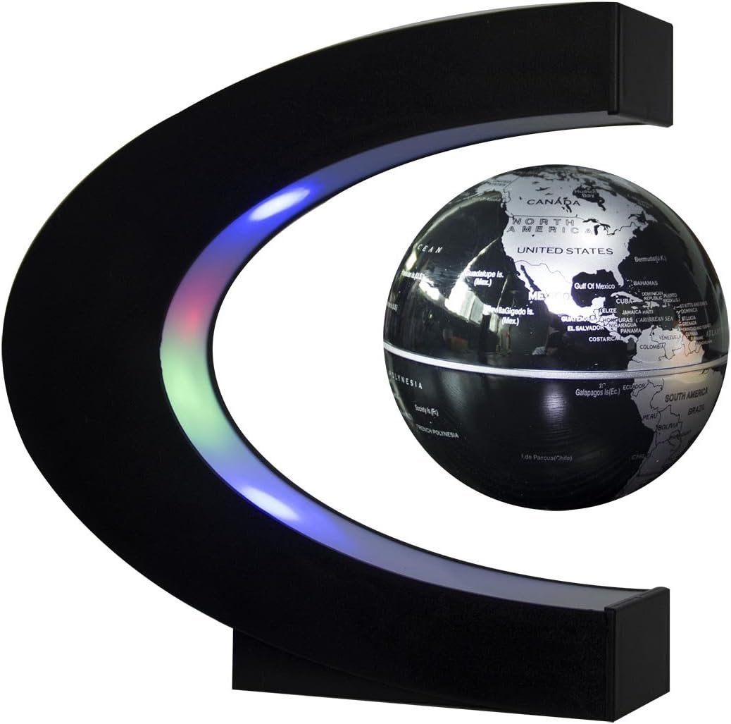 Estefanlo Floating Globe with LED Lights C Shape Magnetic Levitation Floating Globe World Map for Desk Decoration (Black-Silver) - Image 2