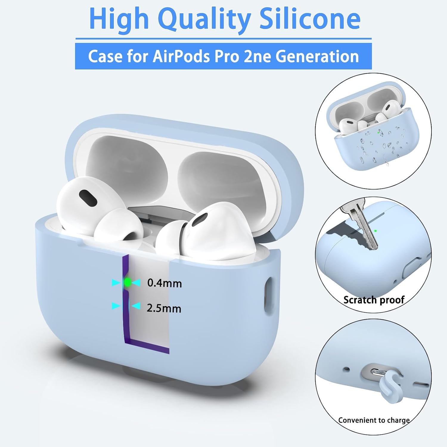 for AirPods Pro 2nd Generation Case Cover, Military Grade Anti-Fall Soft Silicone Shock-Absorbing for AirPods Pro Case Skin Touch with Keychain and Cleaning Kit, Front LED Visible, Sky Blue - Image 6