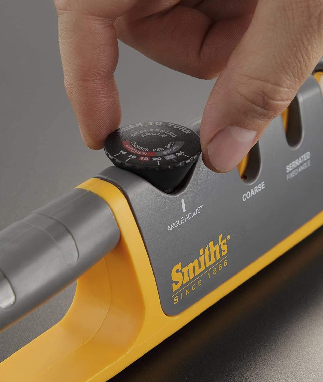 Smith's Adjustable Angle 2-Stage Knife Sharpener - Grey/Yellow, Restores Blades for Hunting, Pocket & Serrated Knives - Image 3