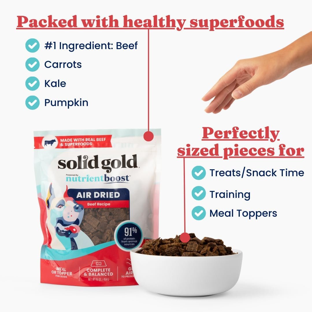Solid Gold Air Dried Dog Food Toppers for Picky Eaters - Healthy Dog Treats Made with Real Beef to Serve as Meal Topper or Dog Treat - Supports Muscle Growth, Immunity, and Healthy Digestion - 1 LB - Image 3