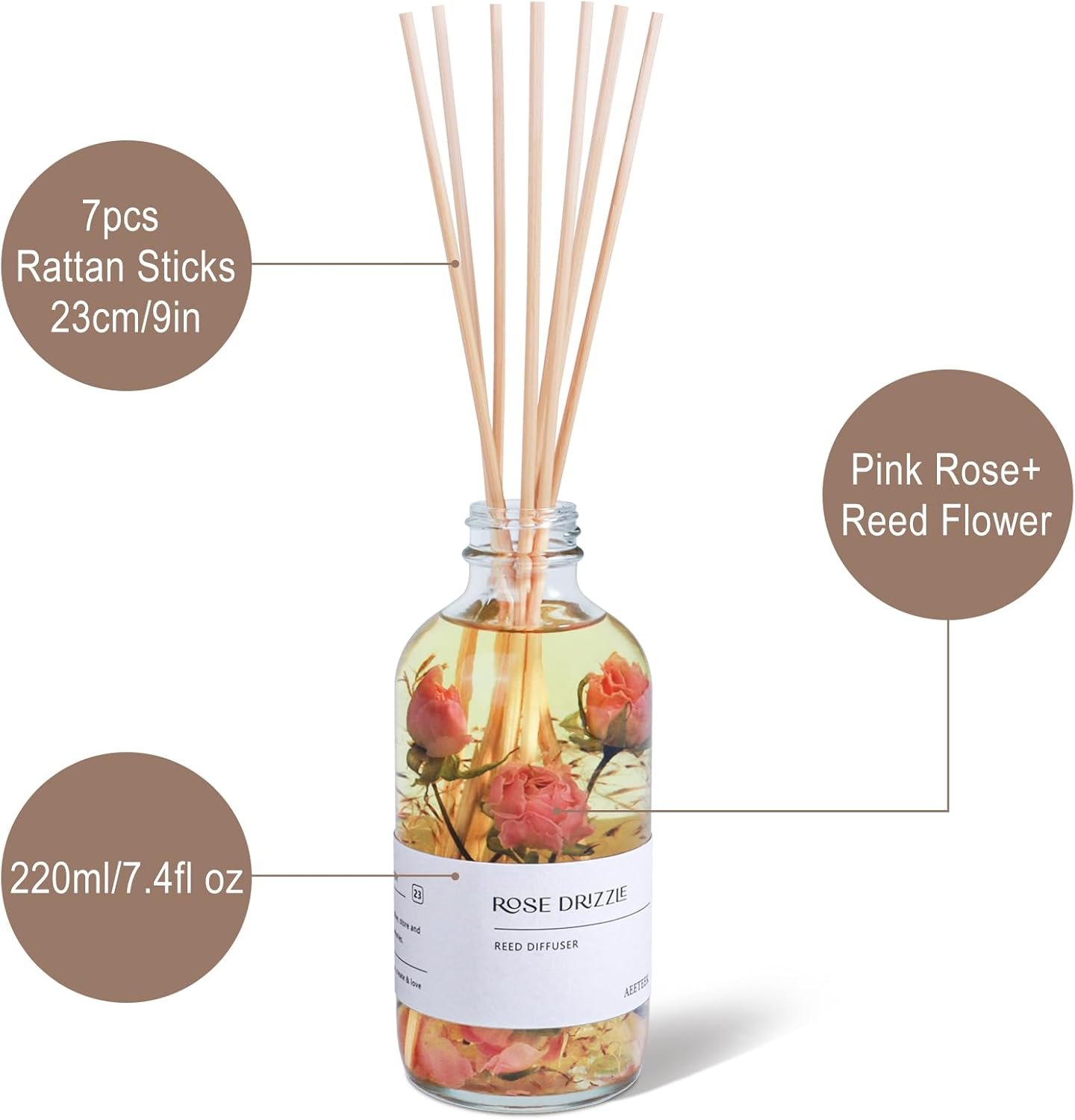 Reed Diffuser Set, Sandalwood Rose Essential Oil, 7.4fl oz(220ml) Flower Aroma Home Fragrance with 7 Rattan Sticks, Diffuser Oils Scents for Bathroom Bedroom Office Shelf Large Room Decor - Image 4