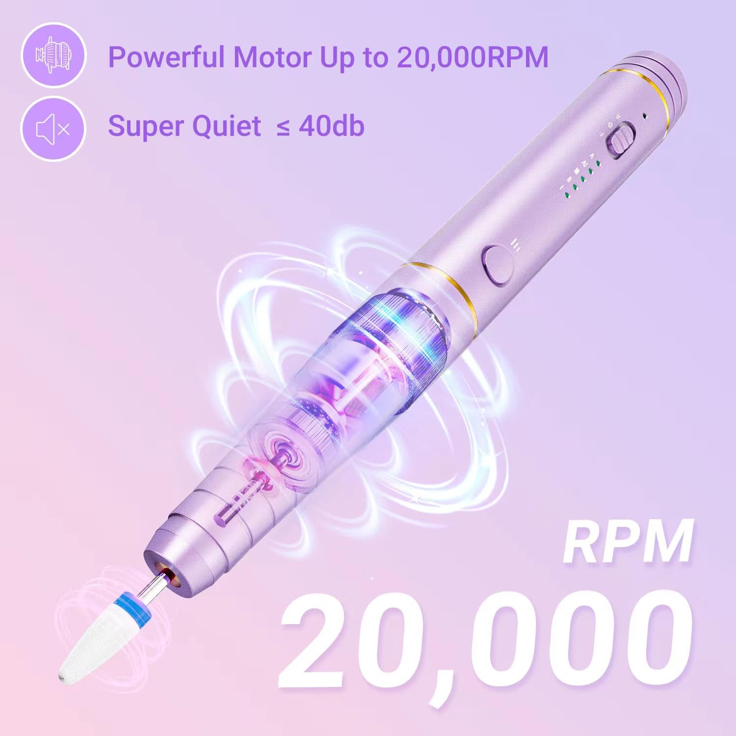 Electric Nail Drill Cordless, Denabuty Electric Nail File for Acrylic Gel Nails Remover Professional, 12 in 1 Nail Drill Kit Machine for Manicure and Pedicure Set for Grinding Rechargeable Portable - Image 4