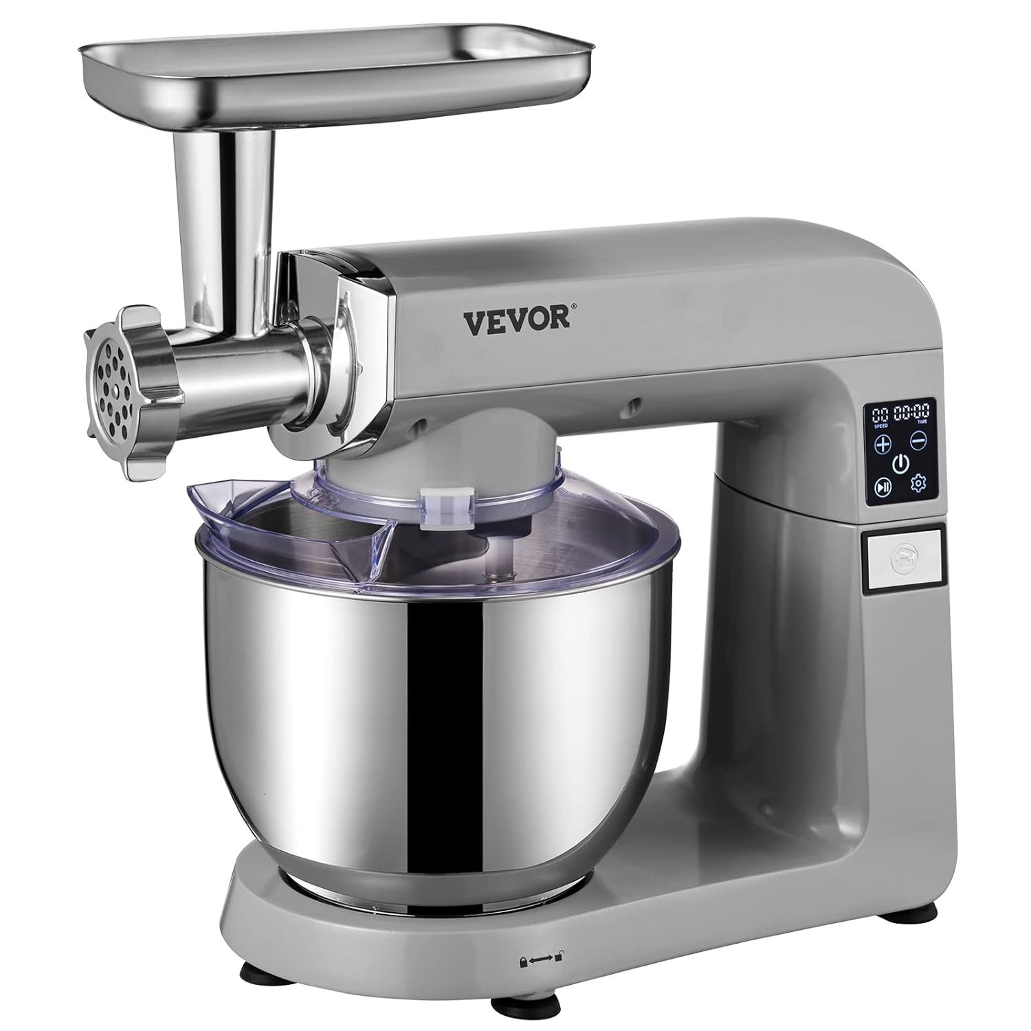 VEVOR 6 IN 1 Stand Mixer, 450W Tilt-Head Multifunctional Electric Mixer with 6 Speeds LCD Screen Timing, 7.4Qt Stainless Bowl, Dough Hook, Flat Beater, Whisk, Scraper, Grinder, Stuffer, Slicer - Gray - Image 13