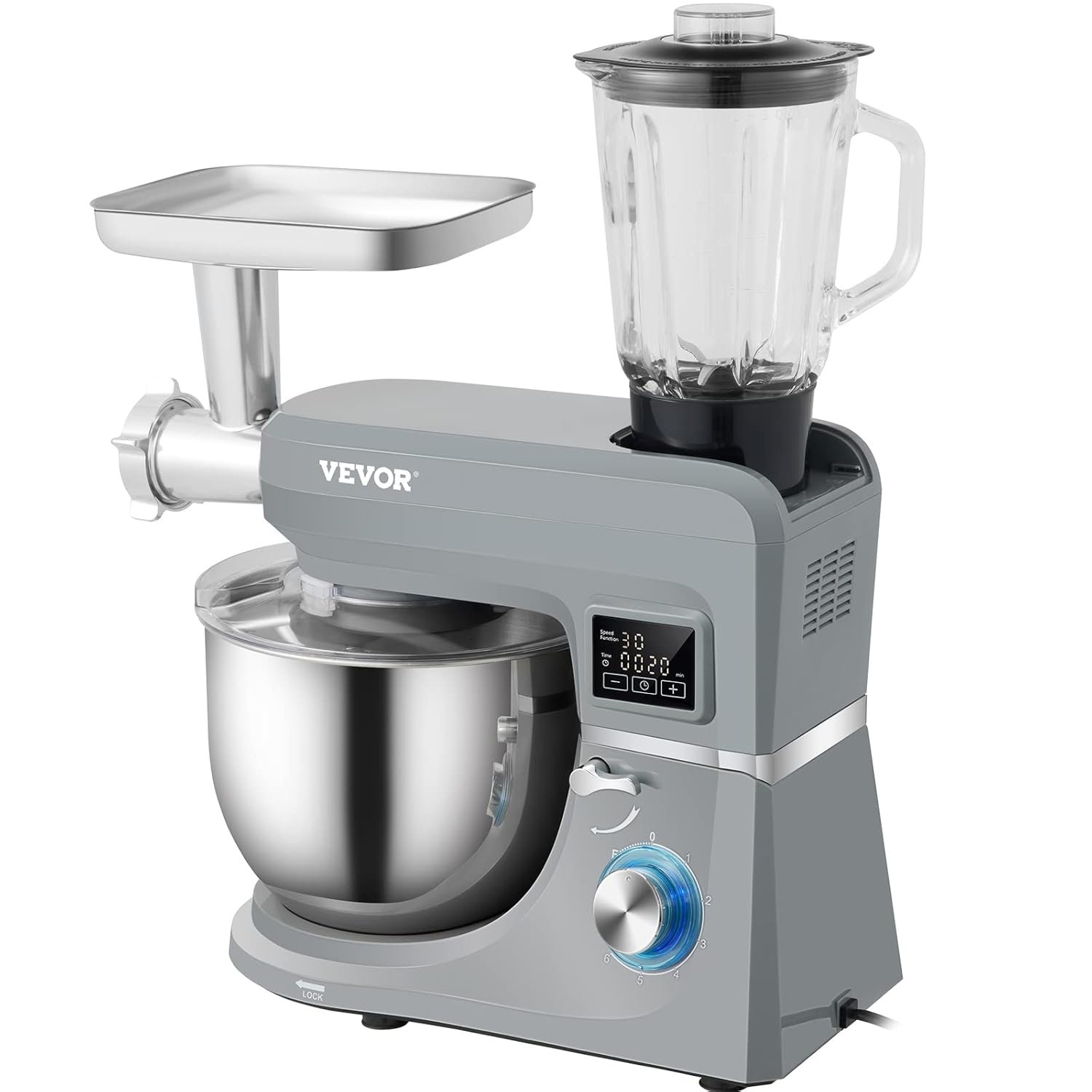 VEVOR 5 IN 1 Stand Mixer, 660W Tilt-Head Multifunctional Electric Mixer with 6 Speeds LCD Screen Timing, 7.4 Qt Stainless Bowl, Dough Hook, Flat Beater, Whisk, Scraper, Meat Grinder, Juice Cup - Gray - Image 11