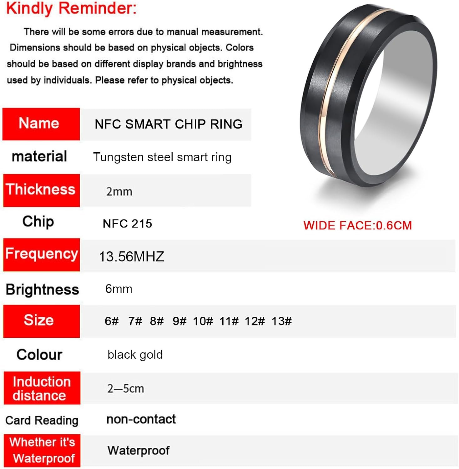 Waterproof Tungsten Steel NFC Forum Type 2 215 496 Bytes Chip Universal for Mobile Phone All-Round Sensing Technology Wearable Smart Ring(Black Gold Tungsten NFC ring-18mm) - Image 6