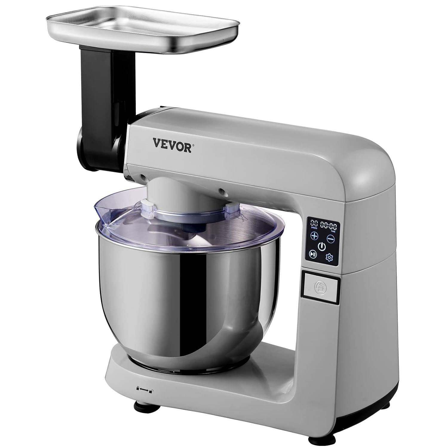 VEVOR 6 IN 1 Stand Mixer, 450W Tilt-Head Multifunctional Electric Mixer with 6 Speeds LCD Screen Timing, 7.4Qt Stainless Bowl, Dough Hook, Flat Beater, Whisk, Scraper, Grinder, Stuffer, Slicer - Gray - Image 11