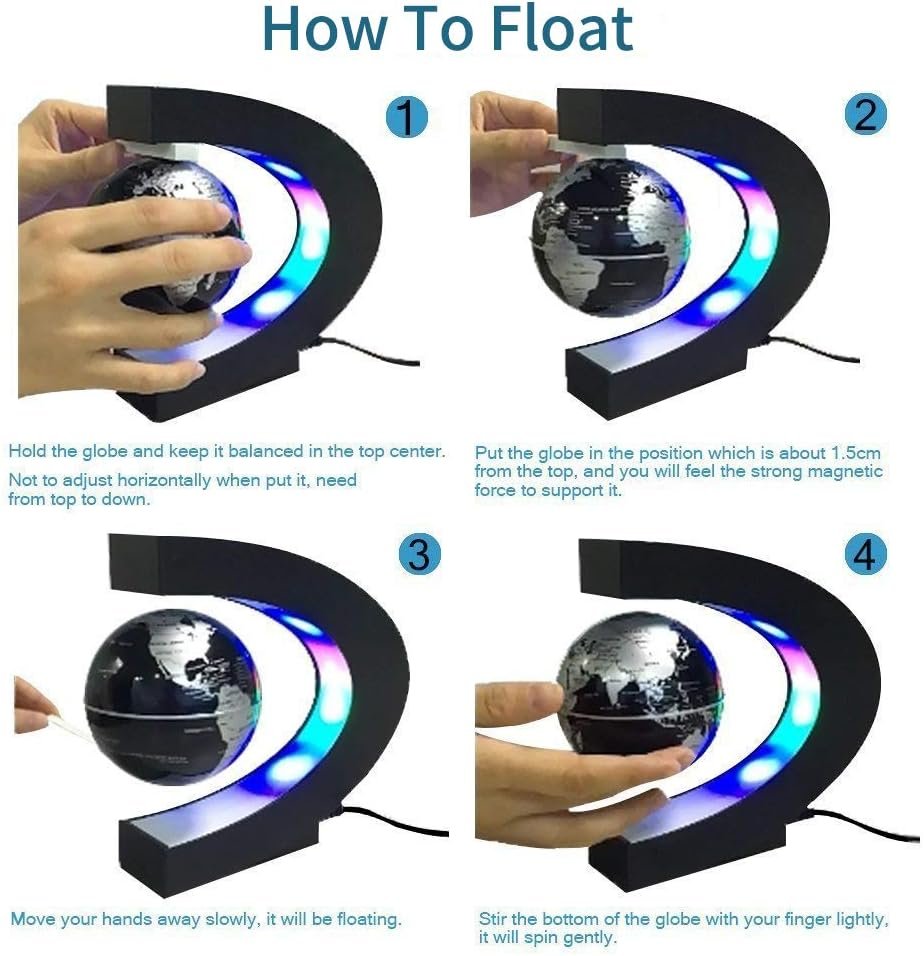 Estefanlo Floating Globe with LED Lights C Shape Magnetic Levitation Floating Globe World Map for Desk Decoration (Black-Silver) - Image 3