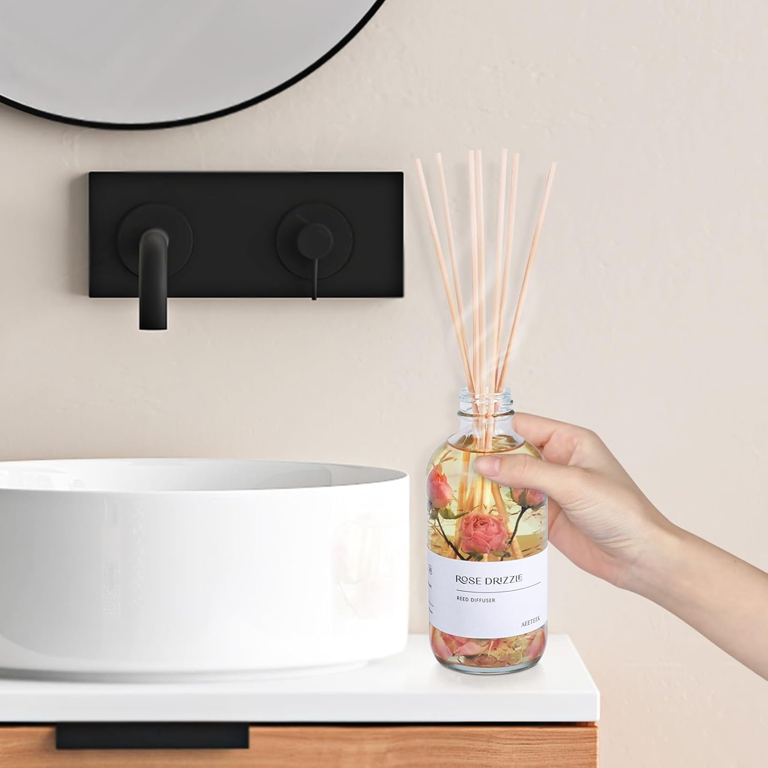 Reed Diffuser Set, Sandalwood Rose Essential Oil, 7.4fl oz(220ml) Flower Aroma Home Fragrance with 7 Rattan Sticks, Diffuser Oils Scents for Bathroom Bedroom Office Shelf Large Room Decor - Image 6