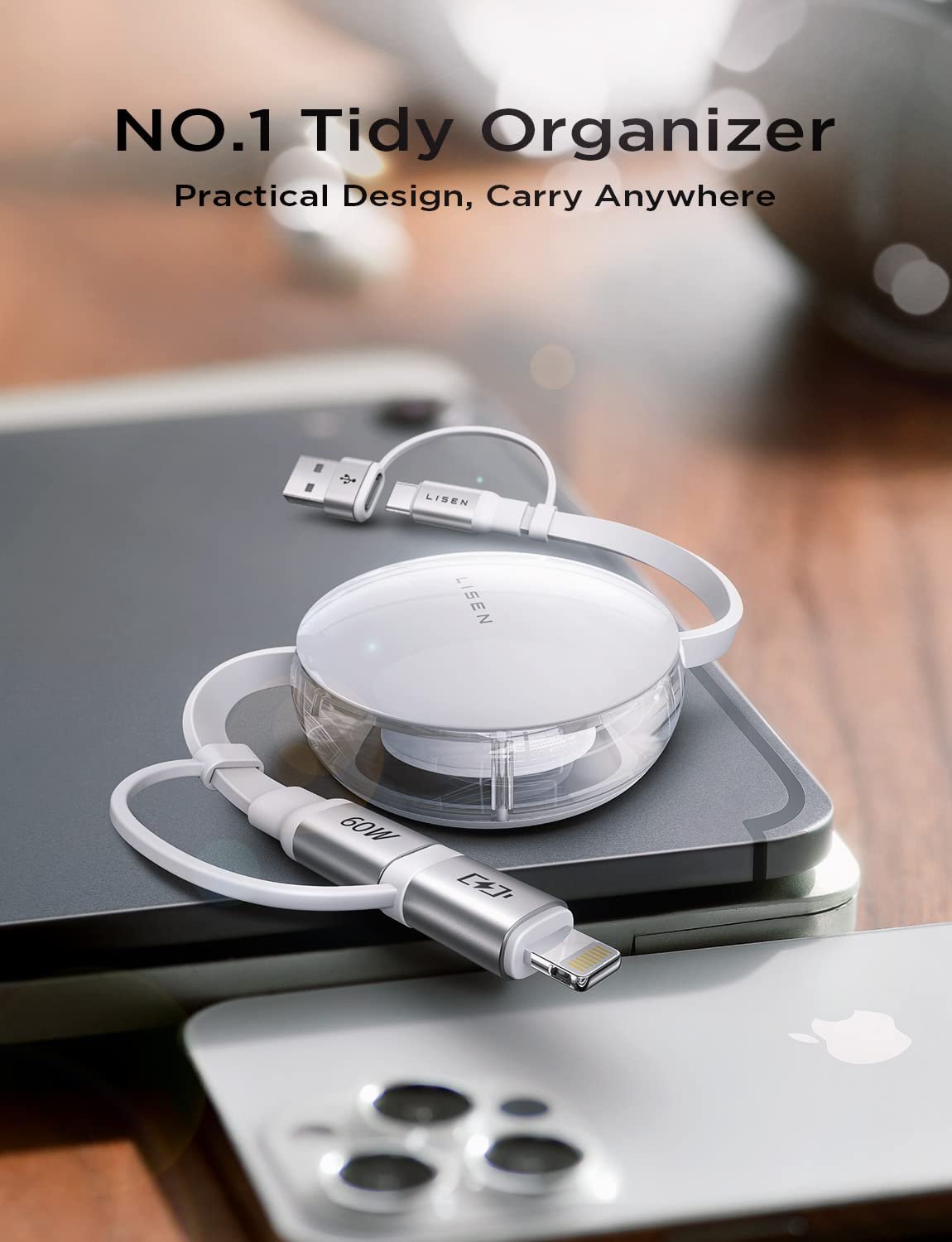 LISEN 5-in-1 Fast Charging Retractable Cable for iPhone, iPad, Samsung - 60W Charger with USB-C/A Ports for Phones, Tablets, White - Image 10